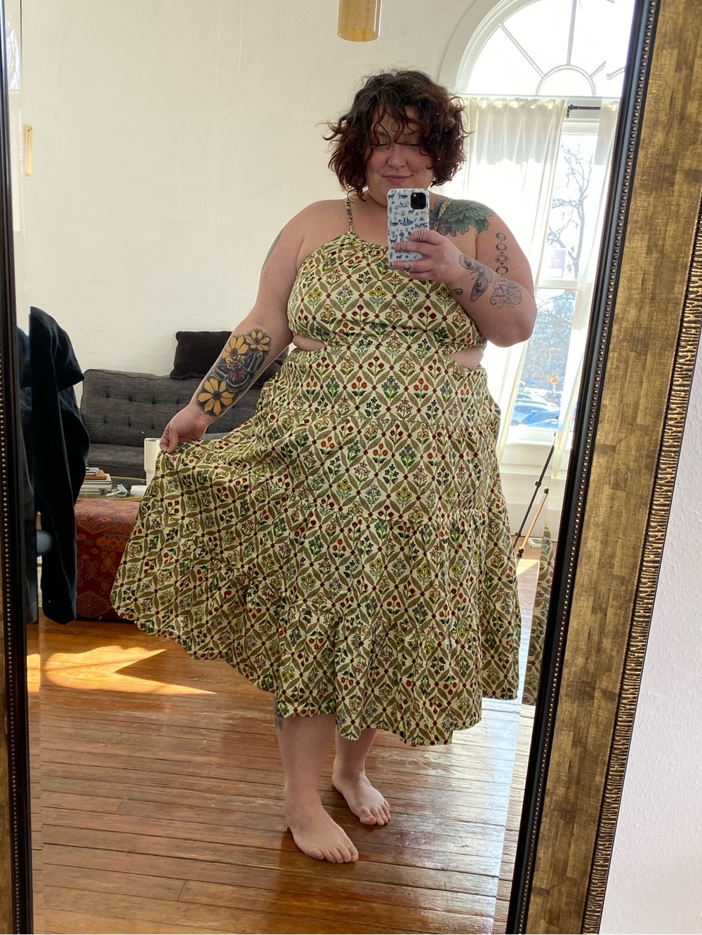 Tamara Malas brown and floral side cutout maxi dress size 22/24